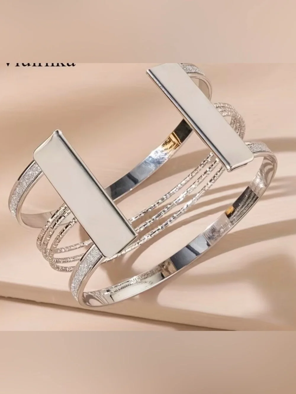 Silver Multi-Band Sparkle open adjustable vintage Cuff Bracelet - Picture 3 of 9